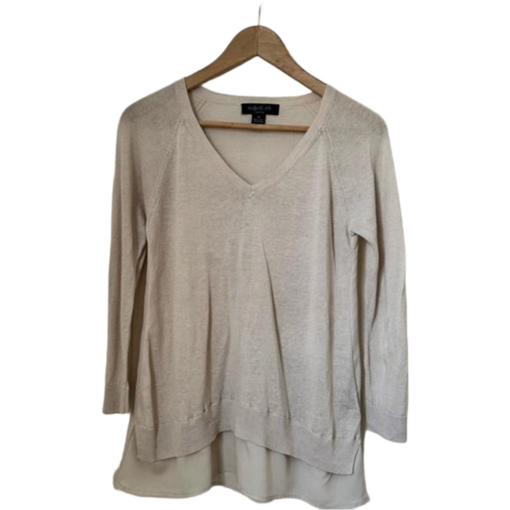 August Silk Cream Linen Blend High Low Long Sleeve Sweater with Blouse back. PS
